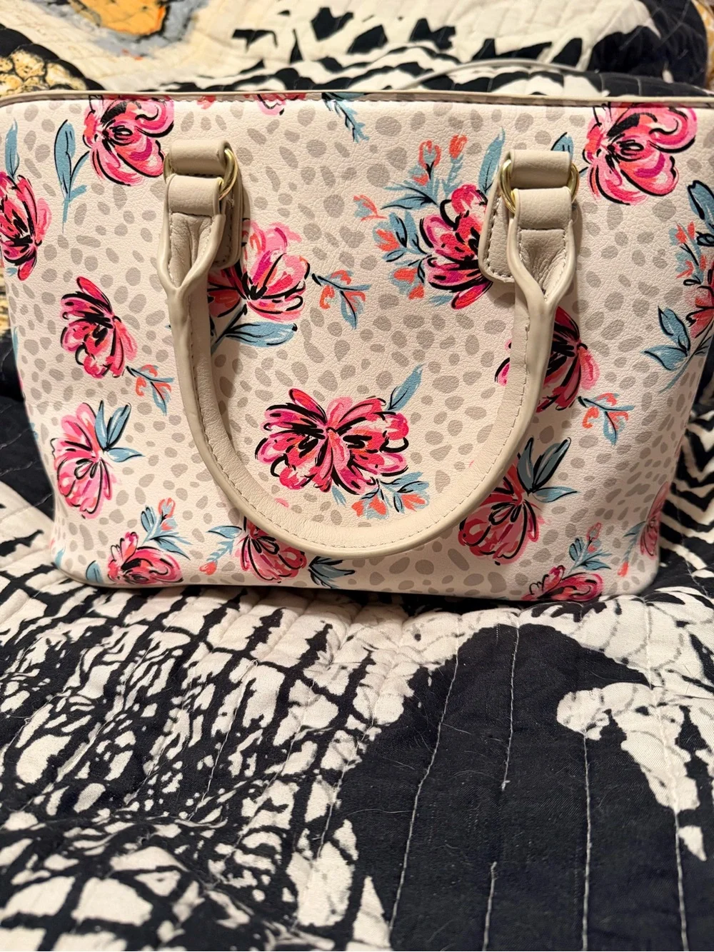 Betsey Johnson Cream Floral Satchel with Pink and Blue Blooms